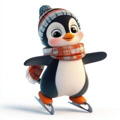 Cute penguin ice skate cartoon style