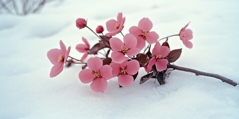 A branch of flowering pink cherry blossoms against a snowy background, capturing the juxtaposition of spring's arrival amidst winter's remnants.