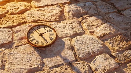 Vintage Clock on Rustic Stone Wall at Sunset with Soft Lighting