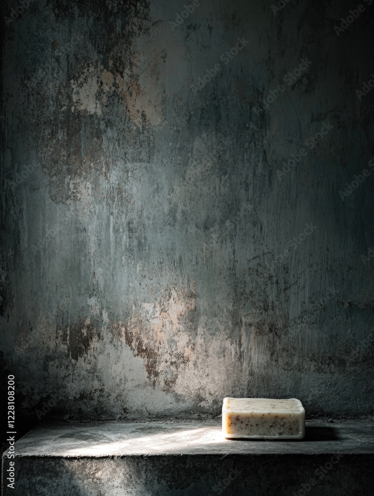 Poster a bar of soap sits on a ledge in front of a wall. the soap is white and the wall is grey. the image 