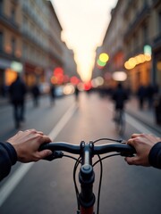 Naklejka premium Exploring a vibrant city street at dusk while riding a bicycle with a clear view of the road ahead