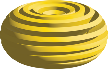 a gold ball with a gold spiral design surrounding it, creating a sense of movement and energy.