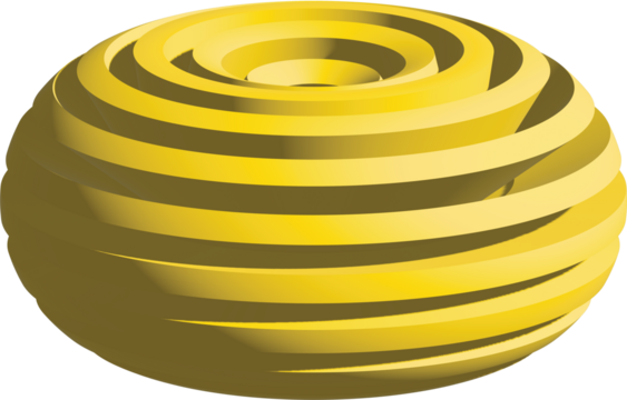 a gold ball with a gold spiral design surrounding it, creating a sense of movement and energy.