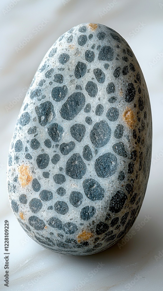 Poster a smooth, oval stone with distinct patterns of gray and orange speckles.