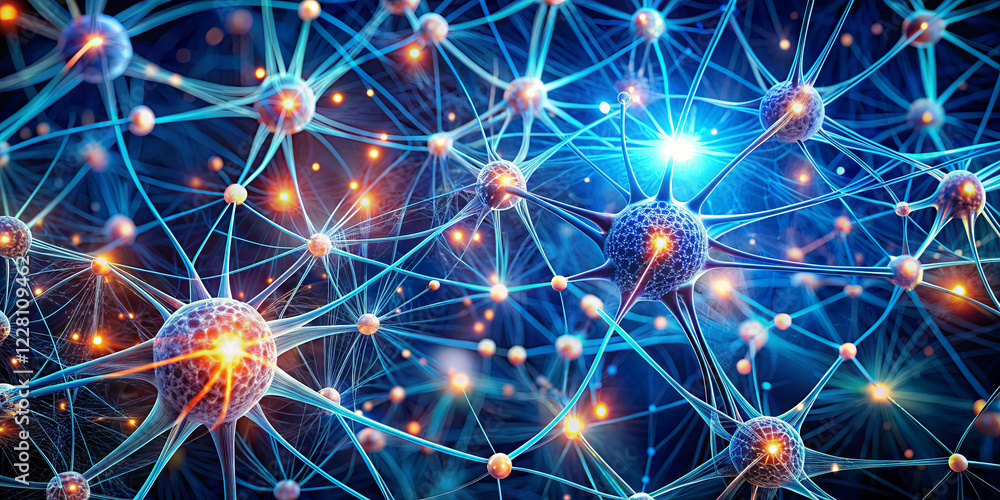 Poster a detailed visualization of a neural network showcases interconnected neurons. glowing nodes and vib