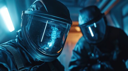 Futuristic Space Explorers in High-Tech Suits and Protective Helmets