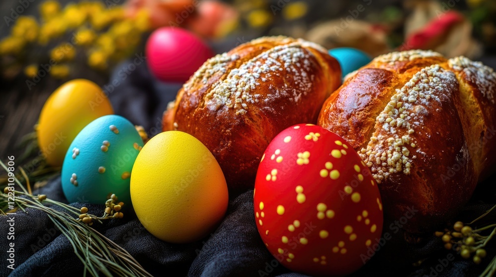 Poster a table with a bunch of easter eggs and bread. the eggs are in various colors and sizes, and the bre