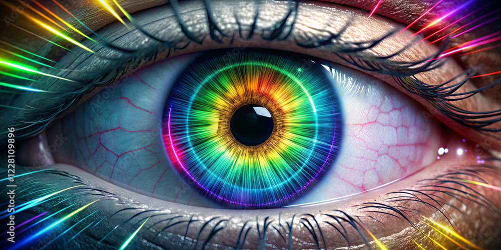 Poster close-up of an eye featuring a captivating rainbow iris. the colorful patterns radiate light, creati
