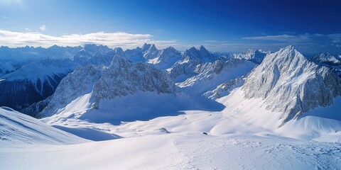 A breathtaking view of a mountain peak covered in snow. Captures the stark contrast between the harsh winter conditions and the stunning natural beauty of the alpine landscape.