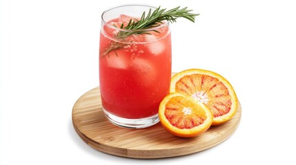 A glass of red drink with a slice of orange on a wooden board. The drink is garnished with a sprig of rosemary