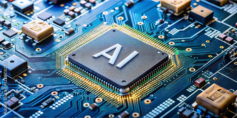 Poster a close-up view reveals a circuit board with an ai processor prominently displayed at the center, su