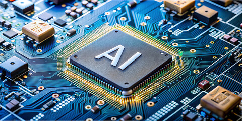 A close-up view reveals a circuit board with an AI processor prominently displayed at the center, surrounded by gold components. This represents the forefront of technology