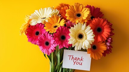 The lively gerbera daisies in full bloom create a joyful scene, with a Thank You card nestled within, framed by a warm, sunny yellow backdrop.