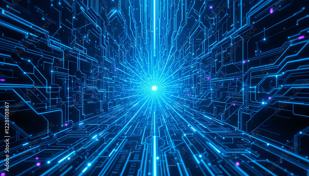 Poster lines of illuminated blue circuitry emerge from darkness, creating a tunnel effect as they converge 