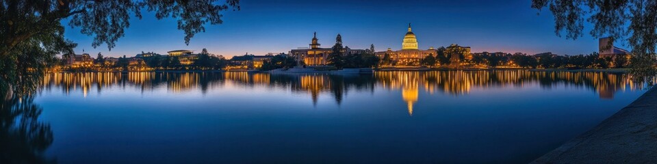Obraz premium Sacramento's Capitol Building and Lake at Dusk: A Serene Panorama