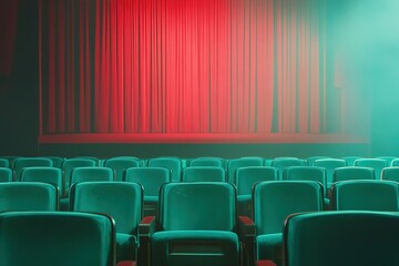 Fototapeta premium Traveling over turquoise cinema seat row with screen in background. Movie theater smooth gimbal shot