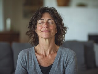 Serene mindful mature older lady in her 50s doing breathing exercises practicing meditation with eyes closed in modern house living room.