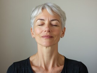 Happy healthy middle aged woman meditating