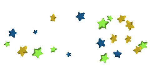Volumetric blue, yellow and green stars are scattered on a white background. Festive background