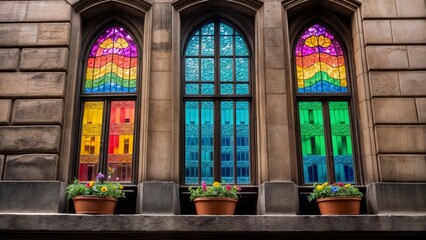 ornate vintage facade with radiant rainbow stained glass and charming floral decor for use in travel and historical concepts