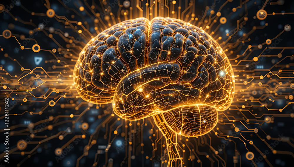 Poster a mesmerizing depiction of a brain with intricate circuits and glowing connections, symbolizing the 