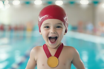 A joyful child in a red swim cap proudly displays a gold medal in a swimming pool environment, symbolizing achievement and excitement after a competition.