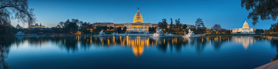 Fototapeta premium Serene Twilight Reflection of the US Capitol Building