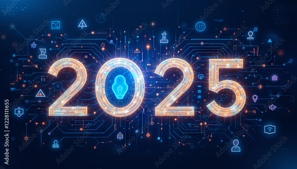 Poster a vibrant display of the year 2025 represented with glowing numbers amidst intricate digital circuit