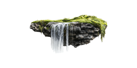Floating rocky island with waterfall isolated on transparent background
