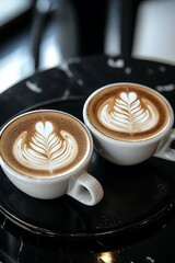 Two beautifully crafted lattes with intricate latte art, ready to be enjoyed on a dark marble surface.