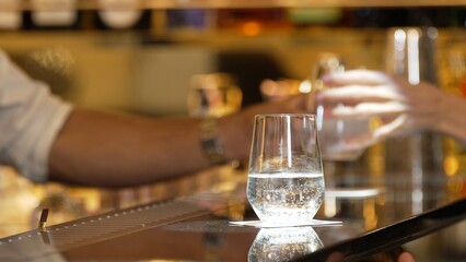 Closeup bartender hand in poring fresh soda gas texture into glass of drink advertisement serving customer at beverage bar counter luxury pub for welcome impression greeting guess service. Vinosity.