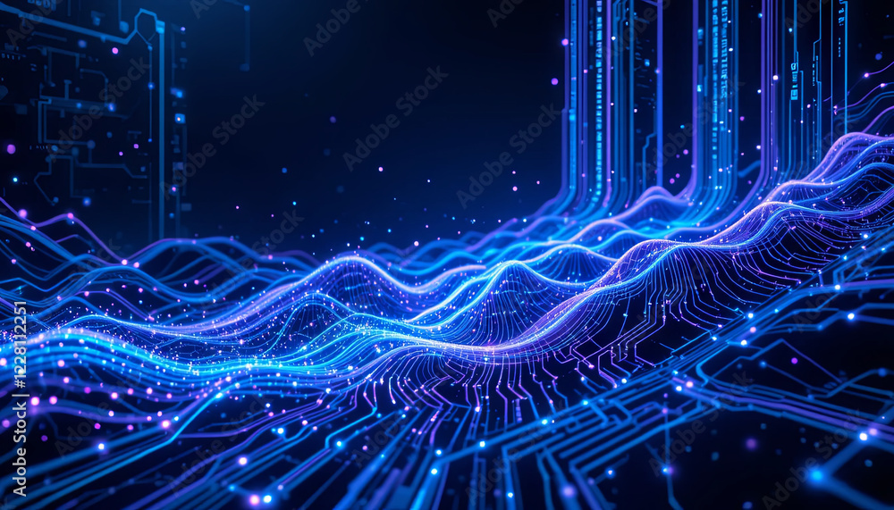 Poster colorful, glowing lines undulate through a dark background, creating a dynamic digital landscape fil
