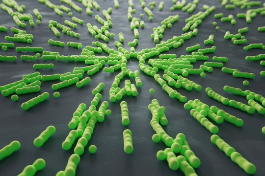 Microscopic view of bacilli bacteria arranged in radiating pattern on a dark surface.