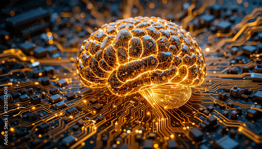 Poster a detailed representation of a glowing golden brain model overlaid on a complex circuit board, showc