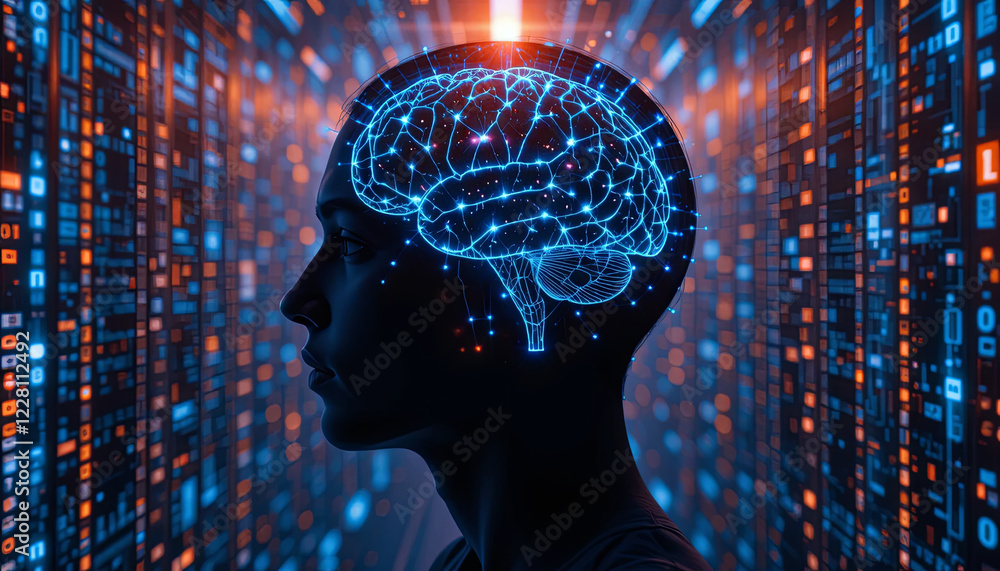 Aufkleber a side profile of a young person features a luminous brain illustration, set against a backdrop of g