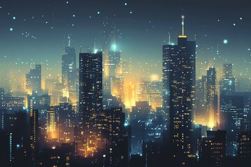 Wireless network communication icons with cityscape combination