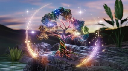A vibrant, magical tree glows with ethereal light, surrounded by a mystical aura in a serene landscape.