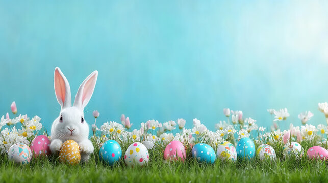 Easter bunny and Easter eggs on green grass field spring meadow
