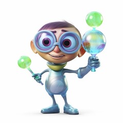 Adorable 3D Alien Scientist Holding Colorful Bubble Experiments 
