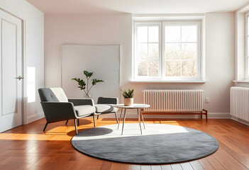 Modern interior design with light empty mock-up wall and gray furniture, loft and vintage of living room. Armchair, table with green plant in pot, round carpet on floor, on white wall background