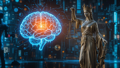 Obraz premium A figure representing justice holds scales, positioned next to a brightly lit brain graphic. The background features futuristic digital elements, indicating a blend of law and technology