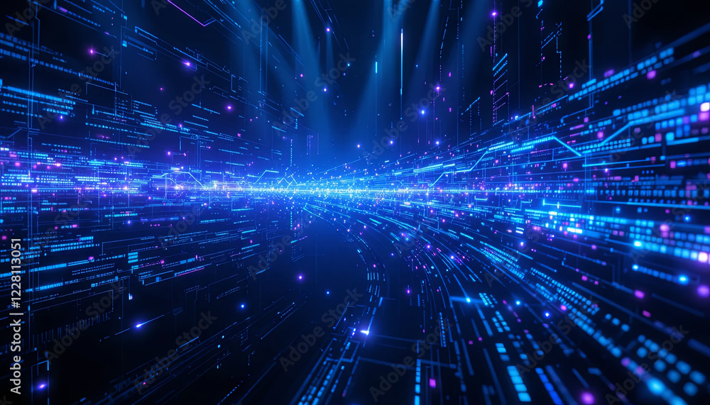 Fototapete A vibrant array of blue and purple lines flows through a digital realm, creating an energetic atmosphere. This representation of data movement signifies progress in technology and innovation