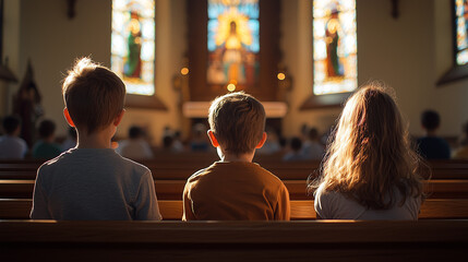 Children praying in church. Concept of religious celebration, mass, christian image.