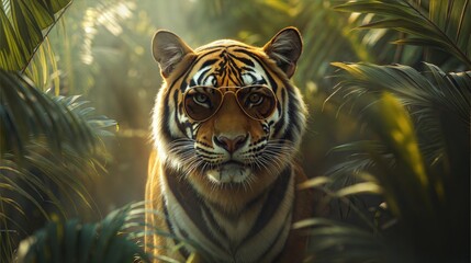 Tiger in Funky Glasses Staring Through Dense Jungle Foliage