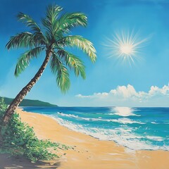 Obraz premium Tropical beach with palm tree and sun. Vector illustration.