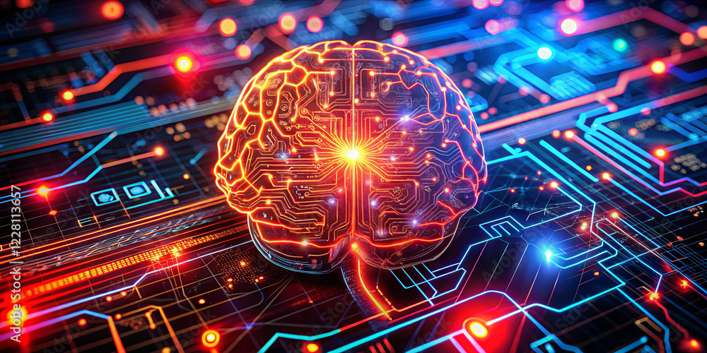 Poster a neon-bright representation of a brain integrates circuit patterns and glowing lights, symbolizing 