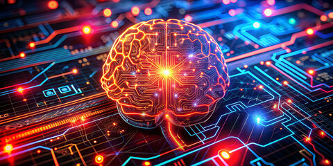 A neon-bright representation of a brain integrates circuit patterns and glowing lights, symbolizing artificial intelligence and advanced technology