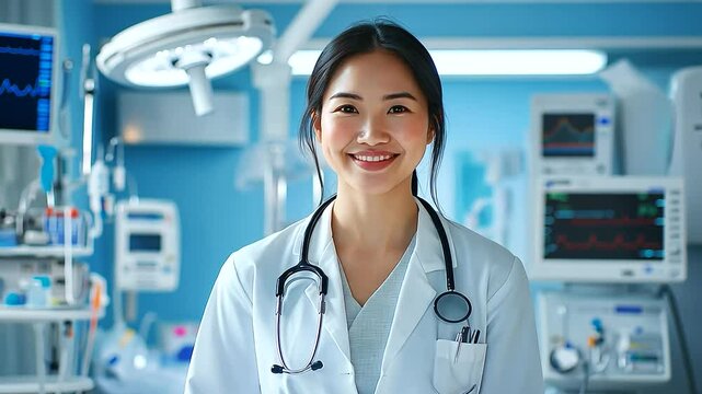 A confident young female Asian doctor stands in her bright medical office, wearing a stethoscope around her neck and a reassuring smile, surrounded by neatly arranged medical equip