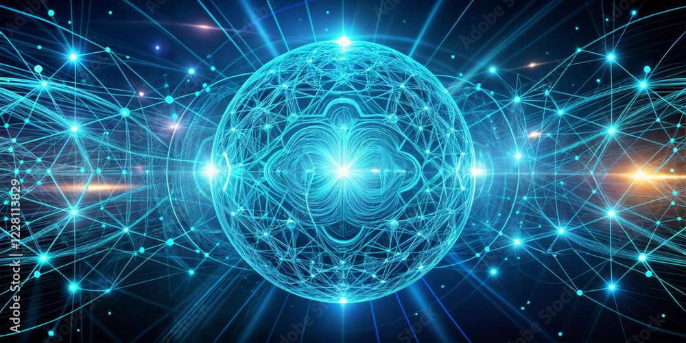 Poster a dynamic and intricate visual showcases a radiant sphere at the center, surrounded by glowing energ