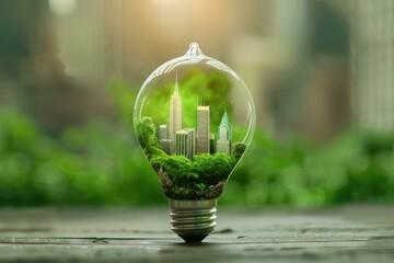 Miniature city with skyscrapers and lush greenery growing inside light bulb symbolizing green energy and eco conscious urban planning